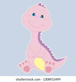 Pink pretty and happy dinosaur baby isolated on a blue background. Vector illustration drawn in flat style. Drawing can be applied to childrens t-shirts.