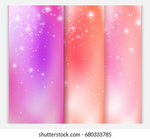 Pink princess background set isolated on white, vector illustration. Glamour shiny backdrop, twinkle lights. Magic lights sparkling pixie dust, stardust. Purple pink sparkling fairy tale. 