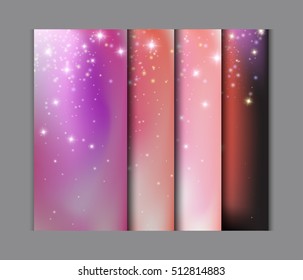 Pink Princess Backgrounds Set. Magic Happy Holidays Lights Sparkling Pixie Dust Background Stardust. Purple Pink Fairy Tale Postcard Concept.