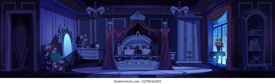 Pink princess bedroom interior at night background. Dark cartoon vintage room furniture in castle vector illustration. Cute girly medieval canopy above bed near mirror, window and chandelier.