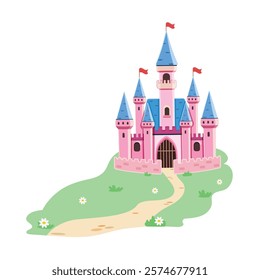 Pink princess castle with a blue roof and flags on the green hill. Magic kingdom. Cartoon isolated on white background. Poster, Banner, Flyer, Greeting Card. Vector illustration in flat style.