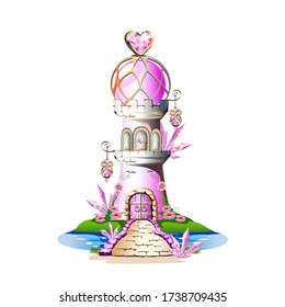 Pink princess castle with magic crystals, hearts and towers. Vector illustration isolated on a white background.