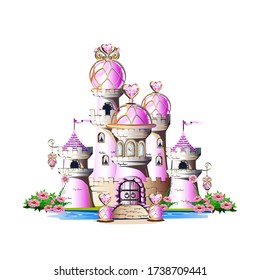 Castillo de princesa rosa con cristales mágicos, corazones y torres. Ilustración vectorial aislada en un fondo blanco.