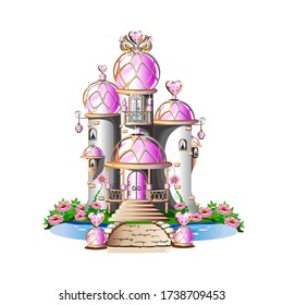 Castillo de princesa rosa con cristales mágicos, corazones y torres. Ilustración vectorial aislada en un fondo blanco.