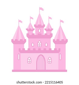 Pink princess castle. Medieval house. Magic kingdom. Vector illustration isolated on white background