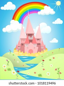 Pink princess castle with rainbow, clouds and flowers background. Vector fairytale illustration.