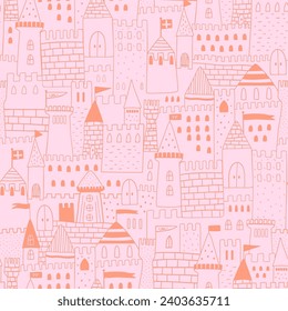 Castillo de princesa rosa patrón sin fisuras. La silueta de la torre medieval Doodle repite el fondo. Edificios vectoriales lindos para tela de niñas, diseño textil, papel pintado. Papel de cuento de hadas infantil