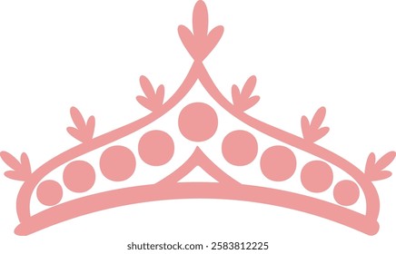 Pink princess crown adorned with round decorations and delicate leaves symbolizes royalty, power, and luxury against a clean white background, enhancing its elegant charm