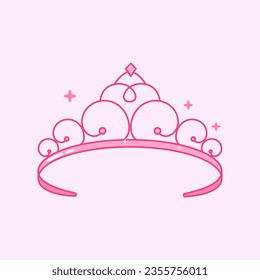 Pink princess cute diadem. Y2k child girl fashion element. Glamour doll accesory with gems and rhinestones. Outline vector icon