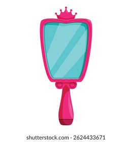Pink princess hand mirror with crown reflecting light, isolated on white background