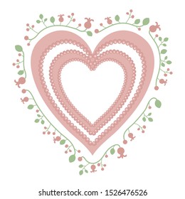 pink princess heart with pearl contours surrounded by floral patterns isolated on white background