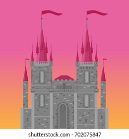 Pink princess magic castle. Flat cute fairytale palace with tower, child medieval kingdom vector illustration