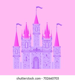 Pink princess magic castle. Flat cute fairytale palace with tower, child medieval kingdom.