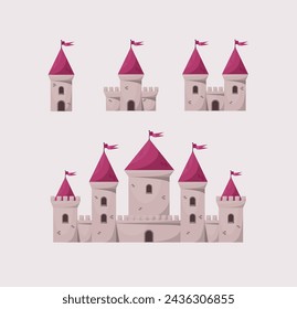 Pink princess medieval vector castles icon set. Cartoon fairy tale castle tower icon