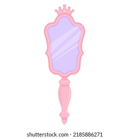 Pink princess mirror with crown. Cartoon hand frame for girls birthday decor. Cute vector illustration isolated on white background.