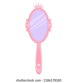 Pink Princess Mirror With Crown. Cartoon Oval Hand Frame For Girls Birthday Decor. Cute Vector Illustration Isolated On White Background.