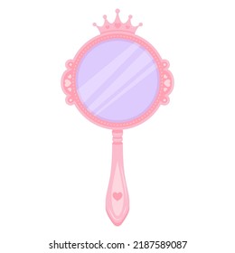 Espejo de princesa rosa con corona. Marco de mano de círculo de caricatura para decoración de cumpleaños de niñas. Ilustración vectorial de corte aislada en fondo blanco.