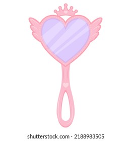 Pink Princess Mirror With Crown. Cartoon Hand Frame Heart Shaped For Girls Birthday Decor. Cute Vector Illustration Isolated On White Background.