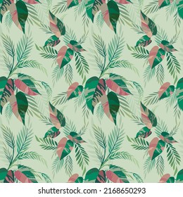 Pink Princess and palm leaves plant, tropical seamless pattern design on green background for textile, wrapping paper, wallpaper. 
