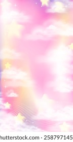 Pink princess rainbow clouds story background. Dreamy vertical banner. Stock vector illustration in cartoon style.