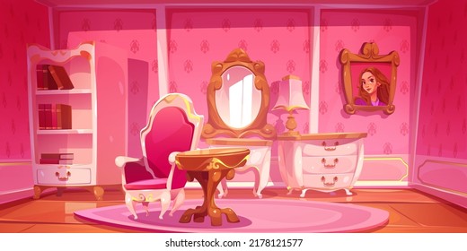 Pink princess room in palace or castle. Vector cartoon illustration of luxury interior with antique furniture in baroque style, dressing table, mirror, chair, bookcase and girl portrait