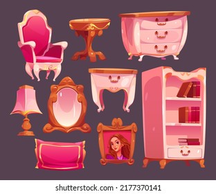 Pink Princess Room Vintage Furniture Set. Vector Cartoon Illustration Of Luxury Interior Elements, Antique Or Baroque Style Dressing Table, Mirror, Chair, Bookcase And Girl Portrait