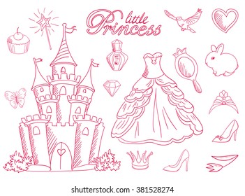 Pink princess sketch set. Elements for your girls design.