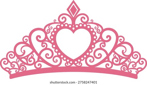 Pink princess tiara vector with heart shape and elegant filigree swirls, royal crown illustration for girls birthday party,
