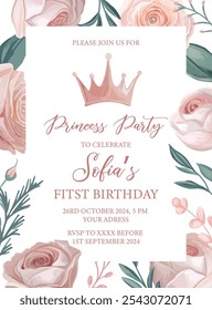 Pink princess-themed first birthday invitation template for girls, featuring floral design, ideal for charming, elegant party invites.