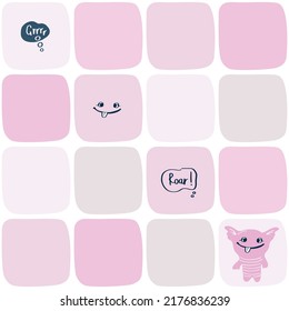 Pink print with a cute monster and speech bubbles. Wallpaper and paper for the children's room. Vector illustration template for printing baby girls fabrics.