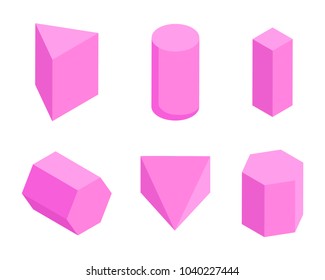 Pink prisms, set of six geometric figures banner, vector illustration with cylinder, cuboid and rectangular pyramid, hexagonal and triangular prisms