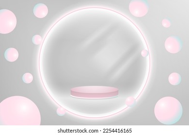 
Podio de visualización de producto rosado dentro del anillo brillante LED con burbujas 3d sobre fondo rosado. Ilustración vectorial. EPS 10.