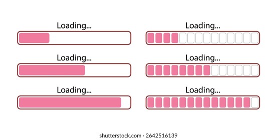 Pink progress bar. Countdown loading fill. Funny download banner. Set of holiday count down graphs with percent on transparent background. Vector illustration. - Powered by Shutterstock - Get 15% off with code: PIKWIZARD15