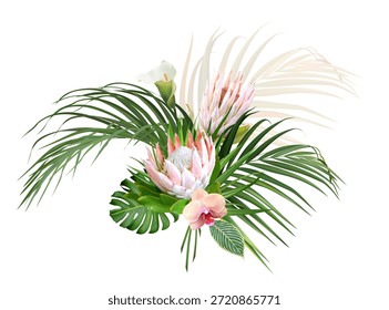 Pink protea flower, peachy orange orchid, white calla lily, palm leaf, monstera, tropical leaves design vector bouquet. Exotic jungle plants. Wedding arrangement. Elements are isolated and editable