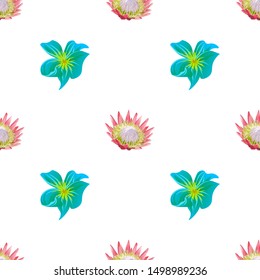 Pink Protea. Green Plumeria. Vector illustration. Seamless background pattern. Floral botanical flower. Wild leaf wildflower isolated. Exotic tropical hawaiian jungle. Fabric wallpaper print texture.
