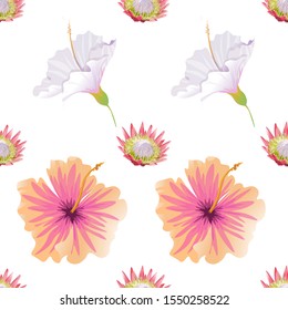 Pink Protea. Pink Hibiscus. White Hibiscus. Vector illustration. Seamless background pattern. Floral botanical flower. Wild leaf wildflower isolated. Exotic tropical hawaiian jungle. Fabric.