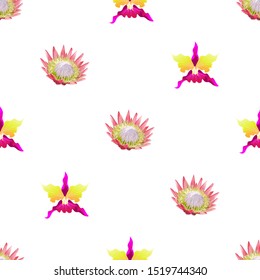 Pink Protea. Pink Orchid. Vector illustration. Seamless background pattern. Floral botanical flower. Wild leaf wildflower isolated. Exotic tropical hawaiian jungle. Fabric wallpaper print texture.