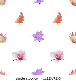 Pink Protea. Purple Magnolia. Orange Tropical Leaf. Pink Magnolia. Vector illustration. Seamless background pattern. Floral botanical flower. Wild leaf wildflower isolated. Exotic tropical hawaiian.
