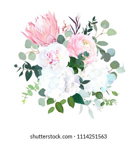 Pink protea, ranunculus, white peony and hydrangea, agonis, eucalyptus, greenery big vector design bouquet. Beautiful summer wedding flowers. Watercolor style. All elements are isolated and editable