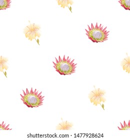 Pink Protea. Yellow hibiscus. Vector illustration. Seamless background pattern. Floral botanical flower. Wild leaf wildflower isolated. Exotic tropical hawaiian jungle. Fabric wallpaper print texture.