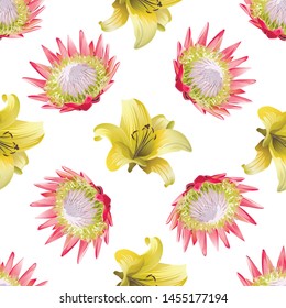 Pink Protea. Yellow Lilium. Vector illustration. 