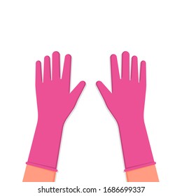 pink protective gloves on hands. latex gloves a means of protection against viruses and bacteria. sign of cleanliness and hygiene. vector illustration isolated on a white background.