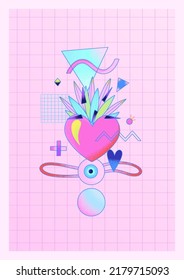 Pink psychedelic abstract poster with heart, abstract shapes and checkered background. Contemporary Art. Abstract love. Eighties design. Vector illustration