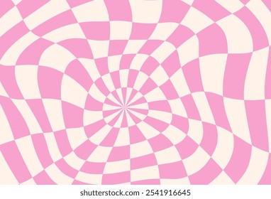 Patrón de tablero de ajedrez psicodélico rosa. Diseño visualmente llamativo con colores rosa pastel, Formas geométricas trippy. Ilusiones ópticas, estilo femenino, Vector de fondo del día de San Valentín para la tarjeta del amor