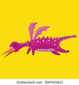 Pink pterodactyl isolated on yellow background. Illsuatration