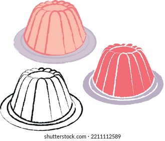 Pink pudding dessert cake doodle with artistic brush stroke outlines. Vector illustration icon set.