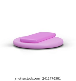 Pink puff for powder in horizontal position. Accessory for applying dry cosmetics to face. Round pad for multiple use. Vector realistic isolated element, side view