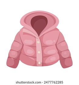 Pink puffer jacket with hood, vector illustration style, isolated on white background. Concept of winter clothing. Vector illustration