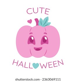 Pink pumpkin with a face. Cute Halloween. Smiling character for Halloween in Barbie style with a heart. Trick and treat. Bright pink vegetable. Holiday card with text. Vector illustration.