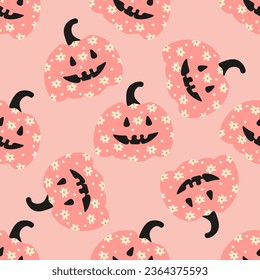 Pink pumpkin with flowers and candy corn. Halloween seamless pattern for wrapping paper, fabrics and kids clothes. Vector illustration